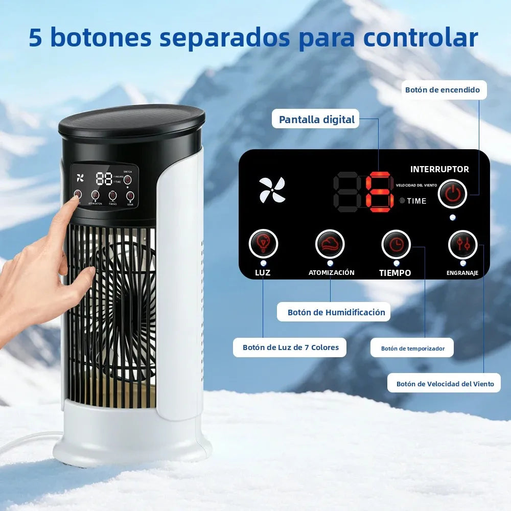 Mini Climatizador Portátil 3 en 1 – Ventilador, Humidificador y Luz LED con 6 Velocidades