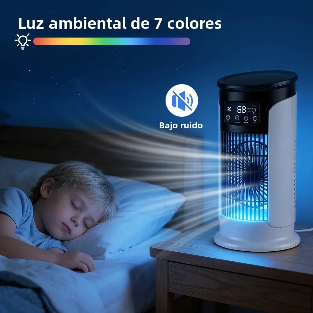 Mini Climatizador Portátil 3 en 1 – Ventilador, Humidificador y Luz LED con 6 Velocidades