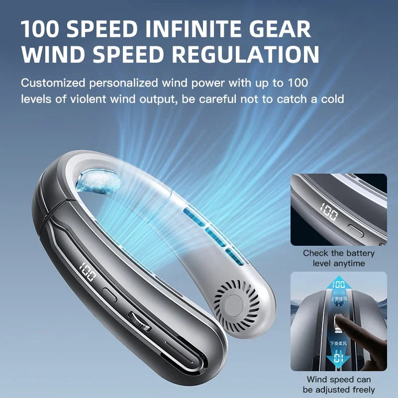 Ventilador de Cuello 8000 mAh – Recargable por USB, Sin Aspas, Silencioso con Luz LED