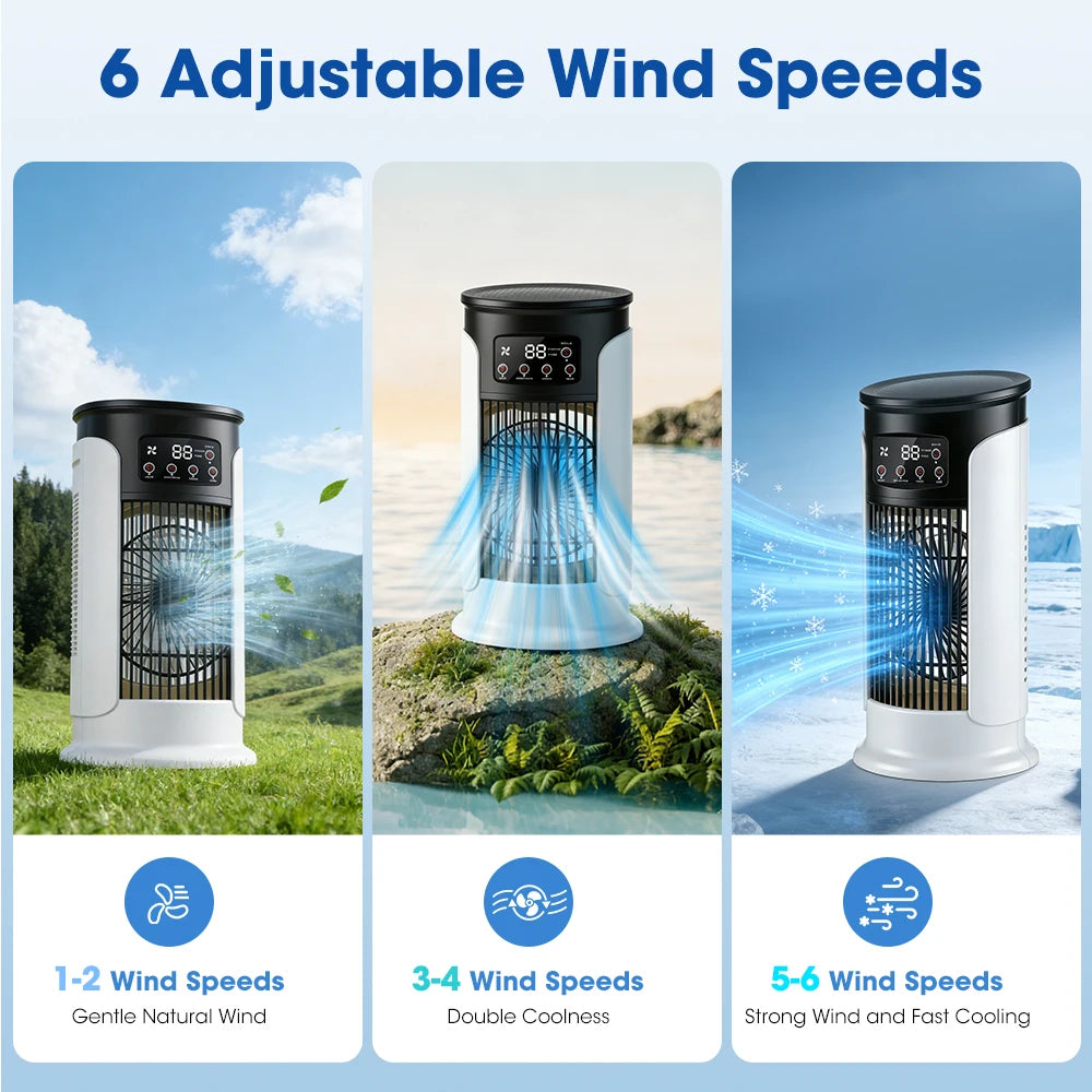 Mini Climatizador Portátil 3 en 1 – Ventilador, Humidificador y Luz LED con 6 Velocidades