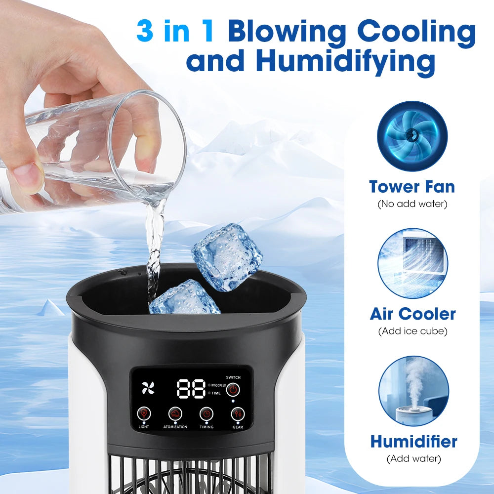 Mini Climatizador Portátil 3 en 1 – Ventilador, Humidificador y Luz LED con 6 Velocidades