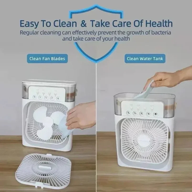 Mini Climatizador Portátil 3 en 1 con Humidificador y Luz LED – Ventilador de Aire Silencioso para Hogar, Oficina y Dormitorio