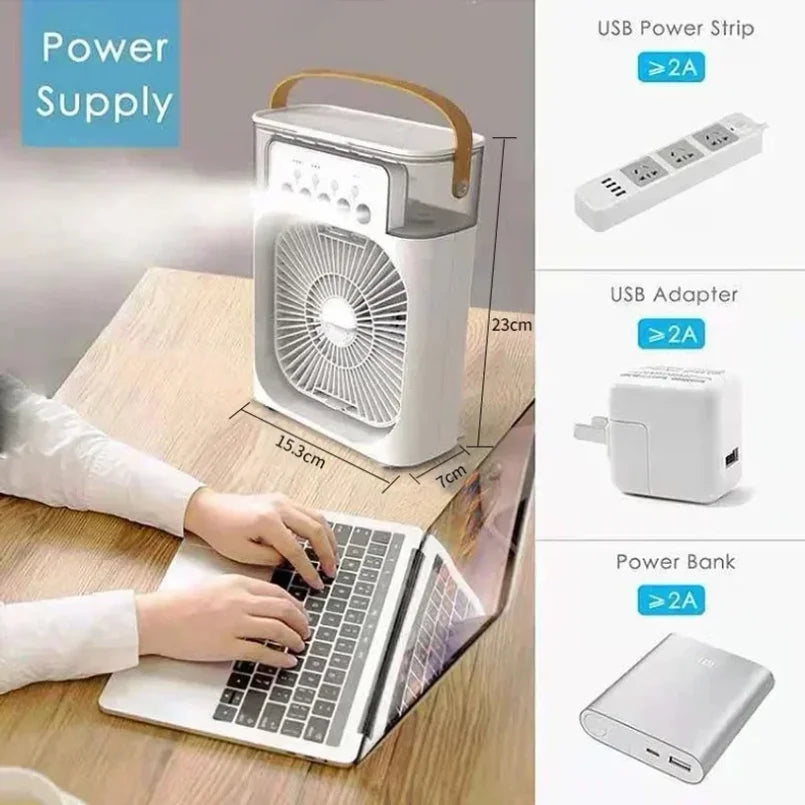 Mini Climatizador Portátil 3 en 1 con Humidificador y Luz LED – Ventilador de Aire Silencioso para Hogar, Oficina y Dormitorio