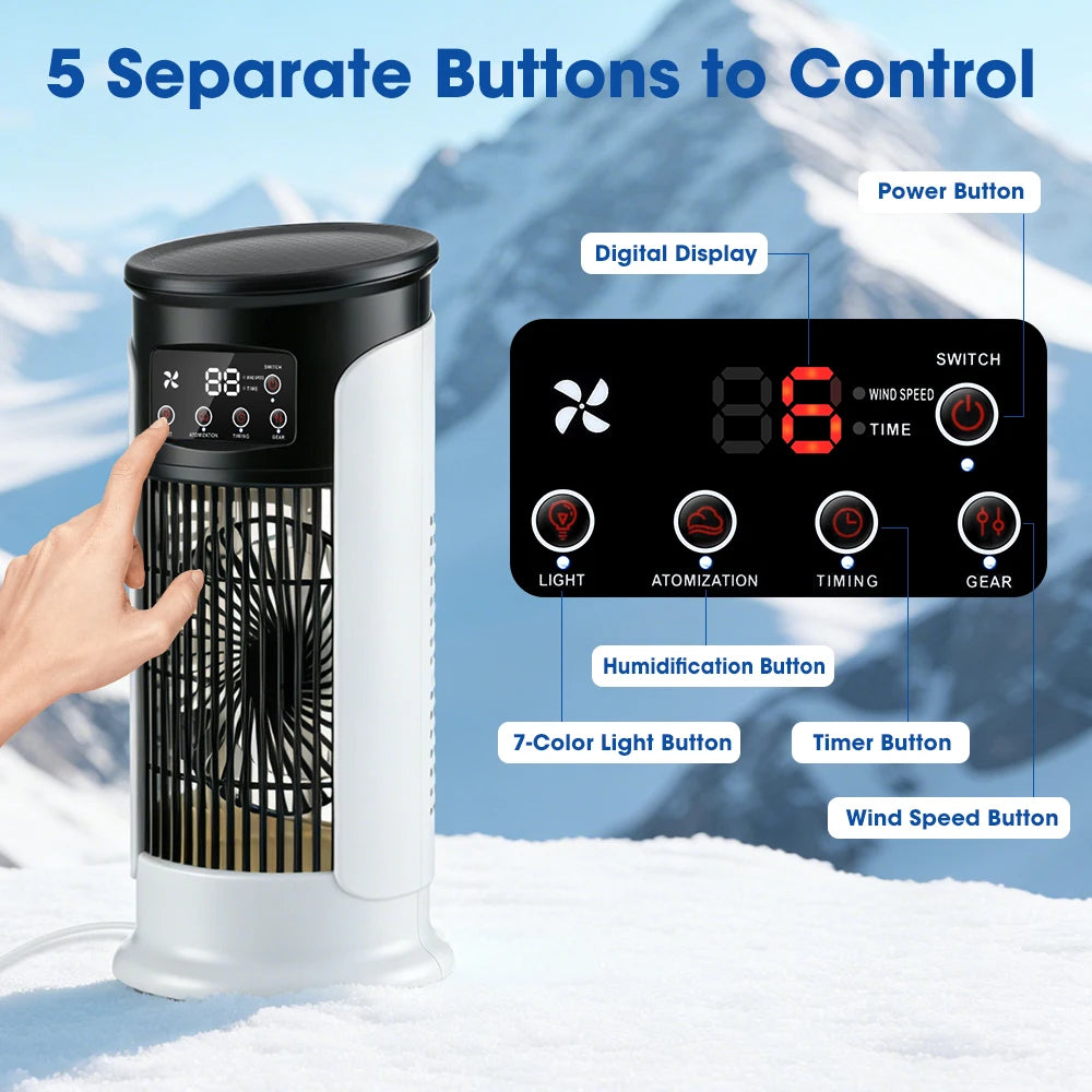 Mini Climatizador Portátil 3 en 1 – Ventilador, Humidificador y Luz LED con 6 Velocidades