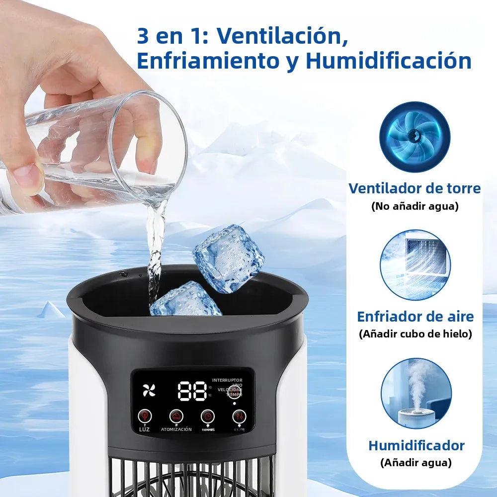 Mini Climatizador Portátil 3 en 1 – Ventilador, Humidificador y Luz LED con 6 Velocidades