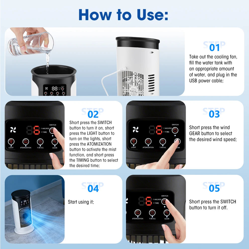 Mini Climatizador Portátil 3 en 1 – Ventilador, Humidificador y Luz LED con 6 Velocidades