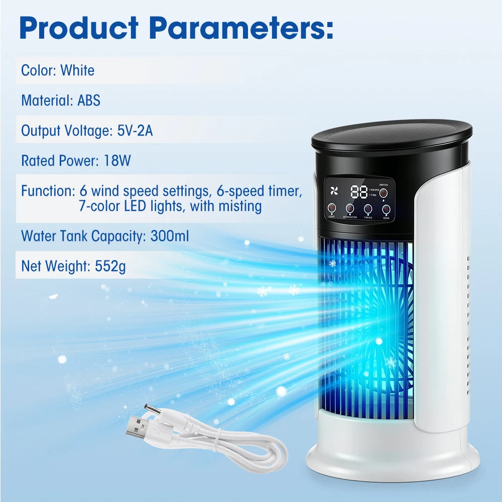 Mini Climatizador Portátil 3 en 1 – Ventilador, Humidificador y Luz LED con 6 Velocidades