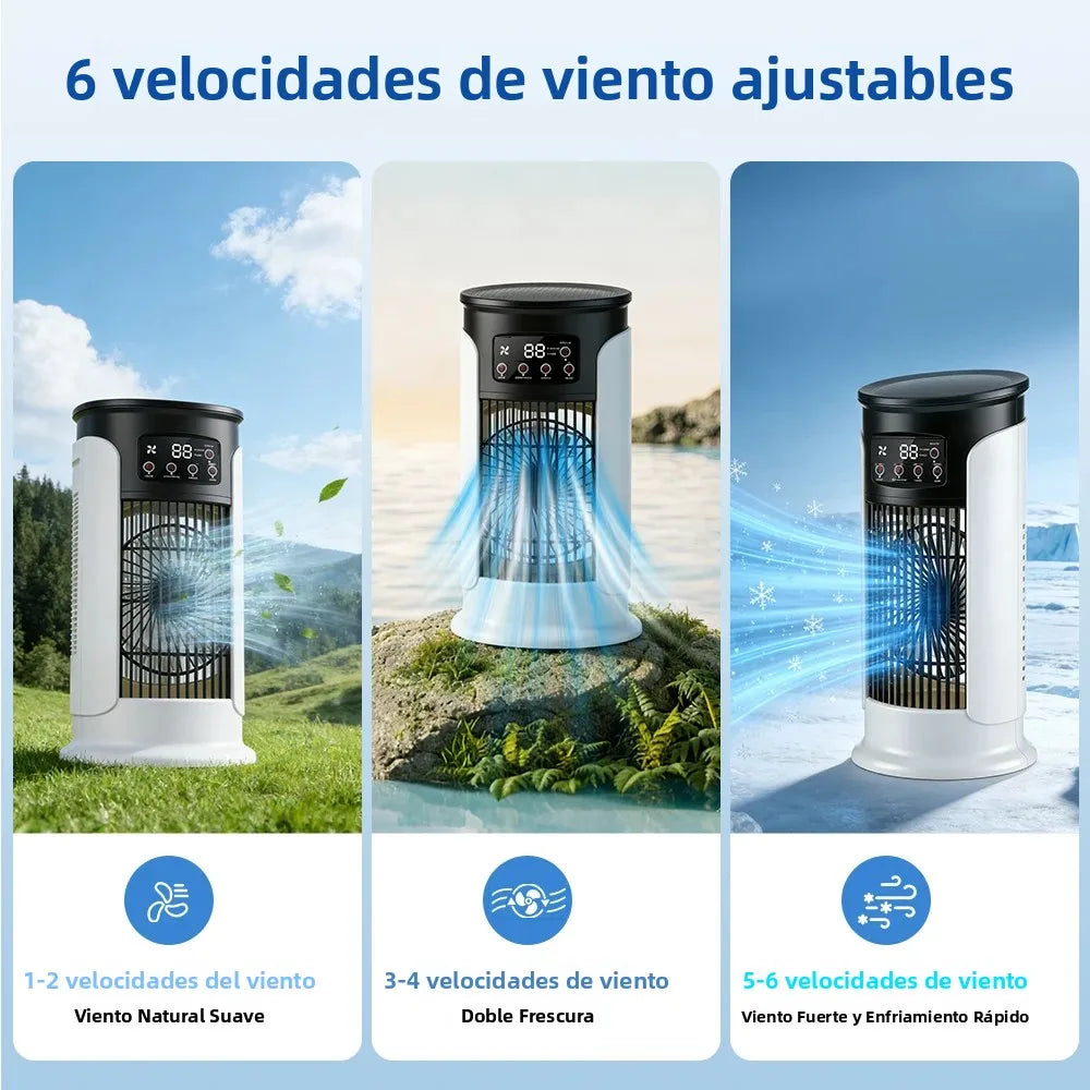 Mini Climatizador Portátil 3 en 1 – Ventilador, Humidificador y Luz LED con 6 Velocidades