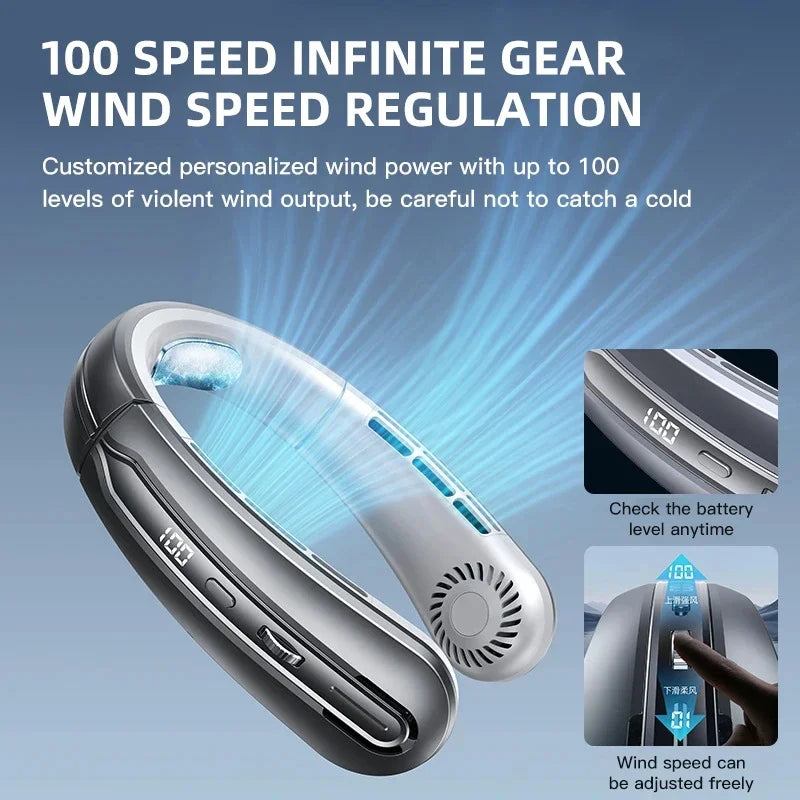 Ventilador de Cuello 8000 mAh – Recargable por USB, Sin Aspas, Silencioso con Luz LED