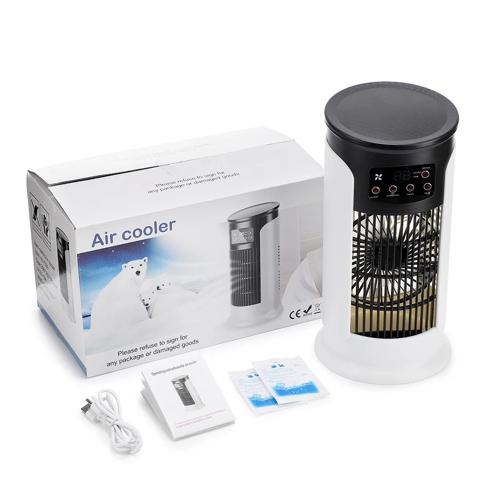 Mini Climatizador Portátil 3 en 1 – Ventilador, Humidificador y Luz LED con 6 Velocidades