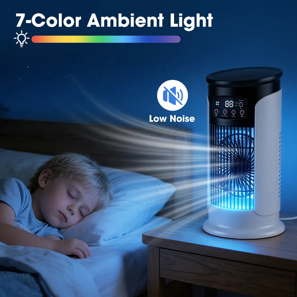 Mini Climatizador Portátil 3 en 1 – Ventilador, Humidificador y Luz LED con 6 Velocidades