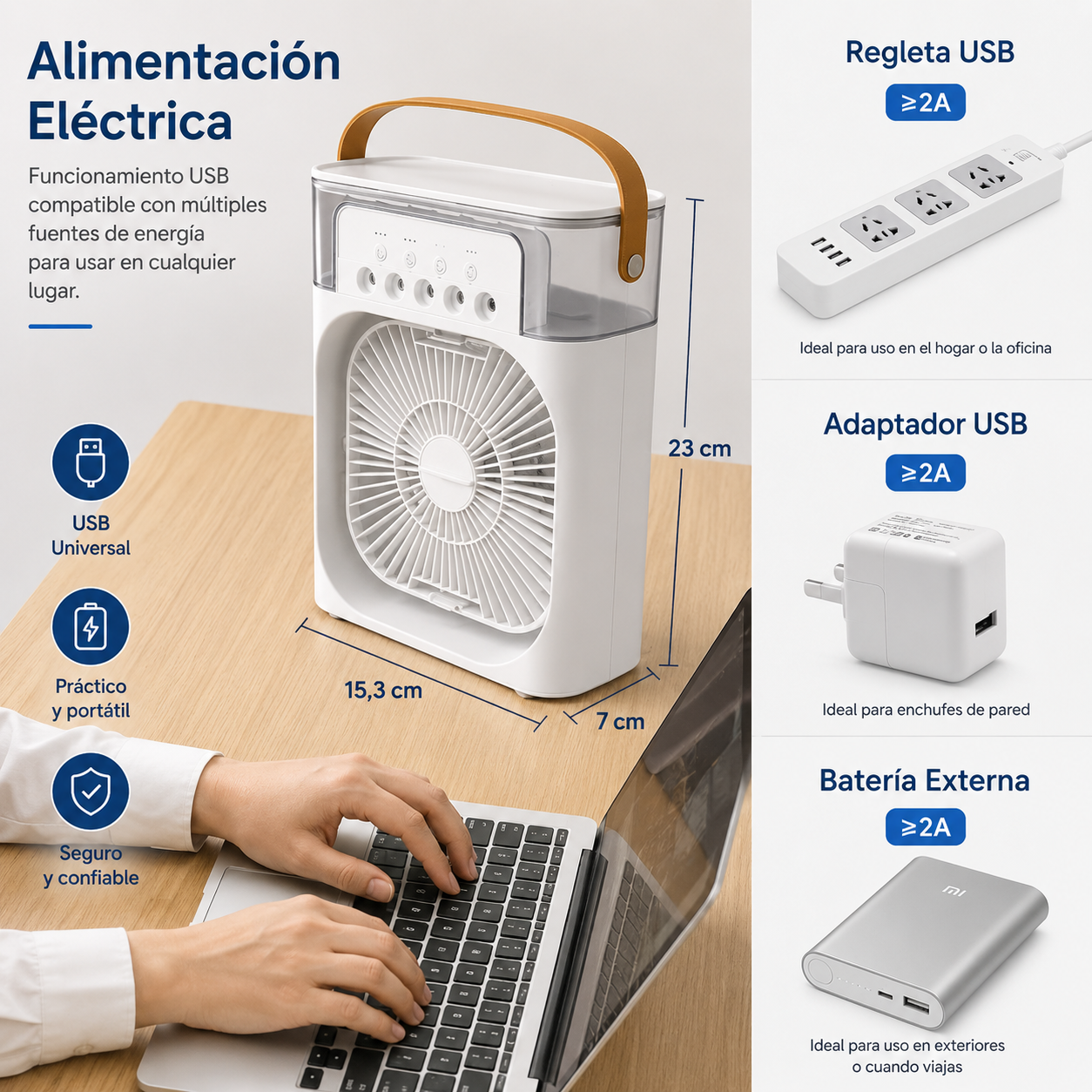 Mini Climatizador Portátil 3 en 1 – Ventilador, Humidificador y Luz LED